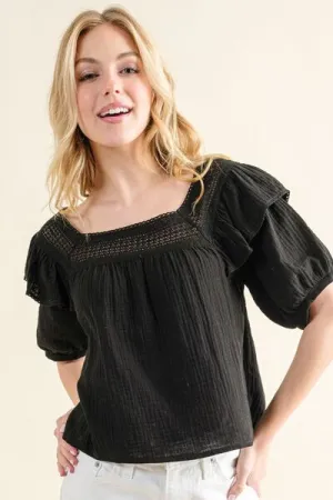 Hazel Blues® |  And The Why Square Neck Cotton Gauze Ruffled Blouse