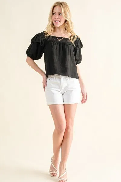 Hazel Blues® |  And The Why Square Neck Cotton Gauze Ruffled Blouse
