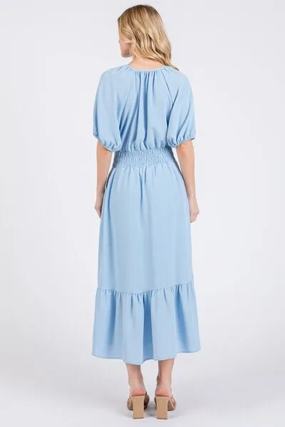 Hazel Blues® |  Ces Femme Smocked Elastic Waist Tie Neck Puff Sleeve Dress