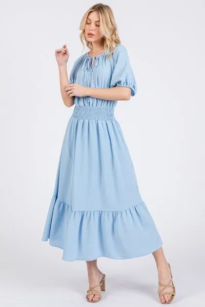 Hazel Blues® |  Ces Femme Smocked Elastic Waist Tie Neck Puff Sleeve Dress