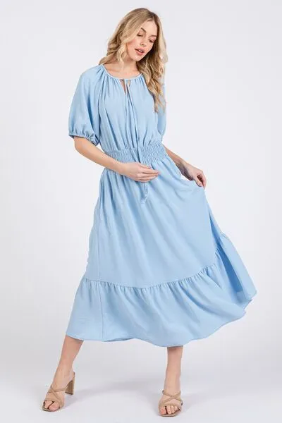 Hazel Blues® |  Ces Femme Smocked Elastic Waist Tie Neck Puff Sleeve Dress