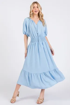 Hazel Blues® |  Ces Femme Smocked Elastic Waist Tie Neck Puff Sleeve Dress