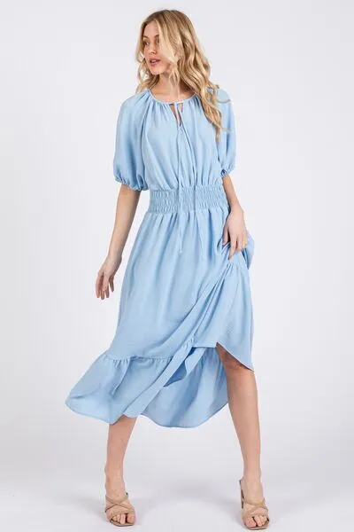 Hazel Blues® |  Ces Femme Smocked Elastic Waist Tie Neck Puff Sleeve Dress