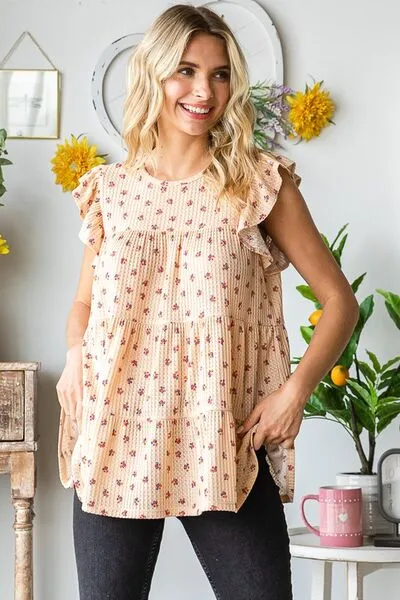 Hazel Blues® | Heimish Butterfly Short Sleeve Round Neck Ditsy Floral Print Tiered Top