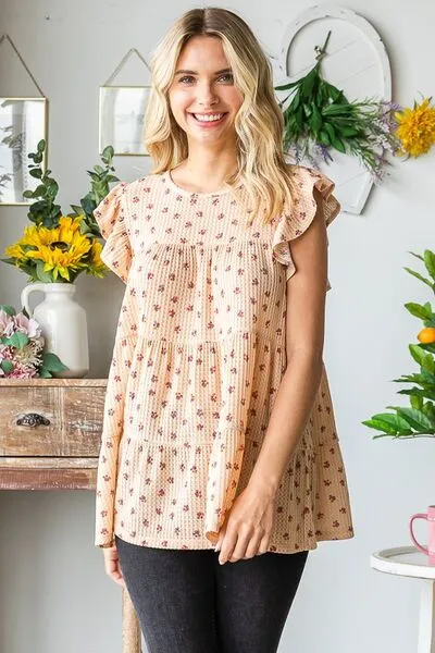 Hazel Blues® | Heimish Butterfly Short Sleeve Round Neck Ditsy Floral Print Tiered Top
