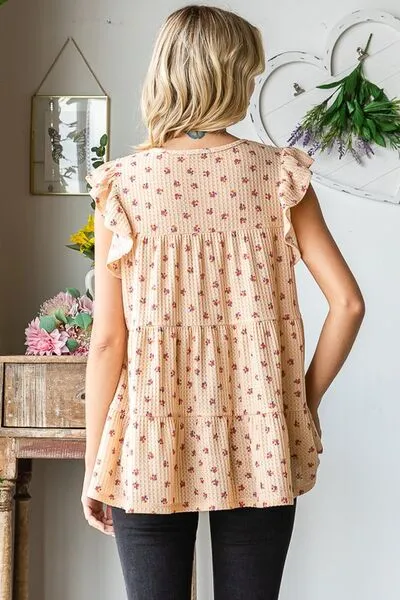 Hazel Blues® | Heimish Butterfly Short Sleeve Round Neck Ditsy Floral Print Tiered Top