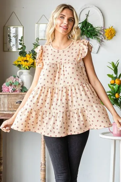 Hazel Blues® | Heimish Butterfly Short Sleeve Round Neck Ditsy Floral Print Tiered Top