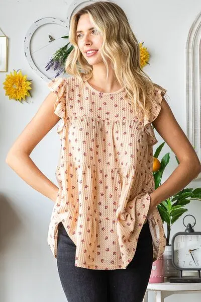 Hazel Blues® | Heimish Butterfly Short Sleeve Round Neck Ditsy Floral Print Tiered Top