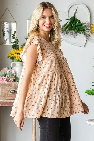 Hazel Blues® | Heimish Butterfly Short Sleeve Round Neck Ditsy Floral Print Tiered Top