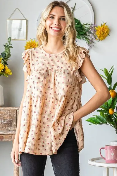 Hazel Blues® | Heimish Butterfly Short Sleeve Round Neck Ditsy Floral Print Tiered Top