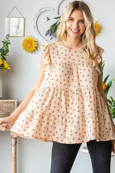Hazel Blues® | Heimish Butterfly Short Sleeve Round Neck Ditsy Floral Print Tiered Top