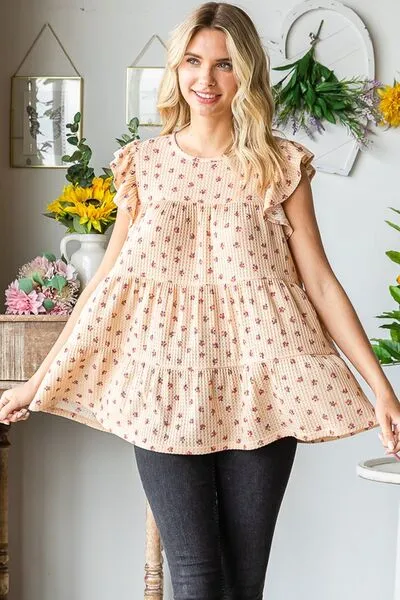 Hazel Blues® | Heimish Butterfly Short Sleeve Round Neck Ditsy Floral Print Tiered Top