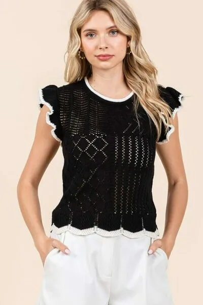 Hazel Blues® |  Mittoshop Openwork Contrast Trim Ruffled Cap Sleeve Knit Top