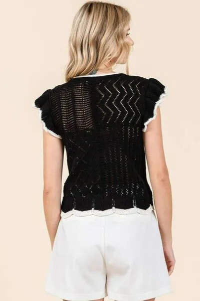 Hazel Blues® |  Mittoshop Openwork Contrast Trim Ruffled Cap Sleeve Knit Top