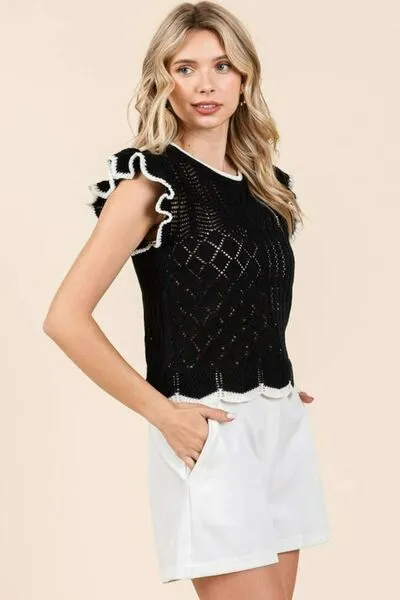 Hazel Blues® |  Mittoshop Openwork Contrast Trim Ruffled Cap Sleeve Knit Top