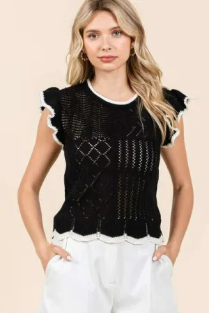 Hazel Blues® |  Mittoshop Openwork Contrast Trim Ruffled Cap Sleeve Knit Top