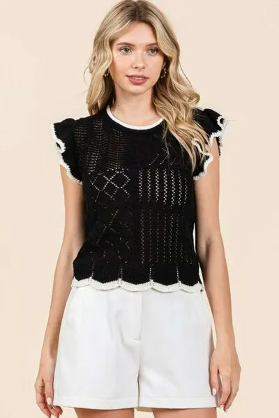 Hazel Blues® |  Mittoshop Openwork Contrast Trim Ruffled Cap Sleeve Knit Top