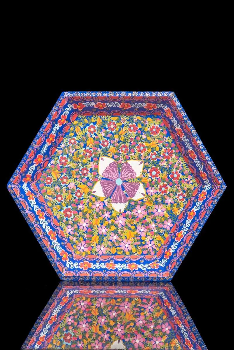 Hexagonal Wooden Tray in Blue Decorated with Flowers