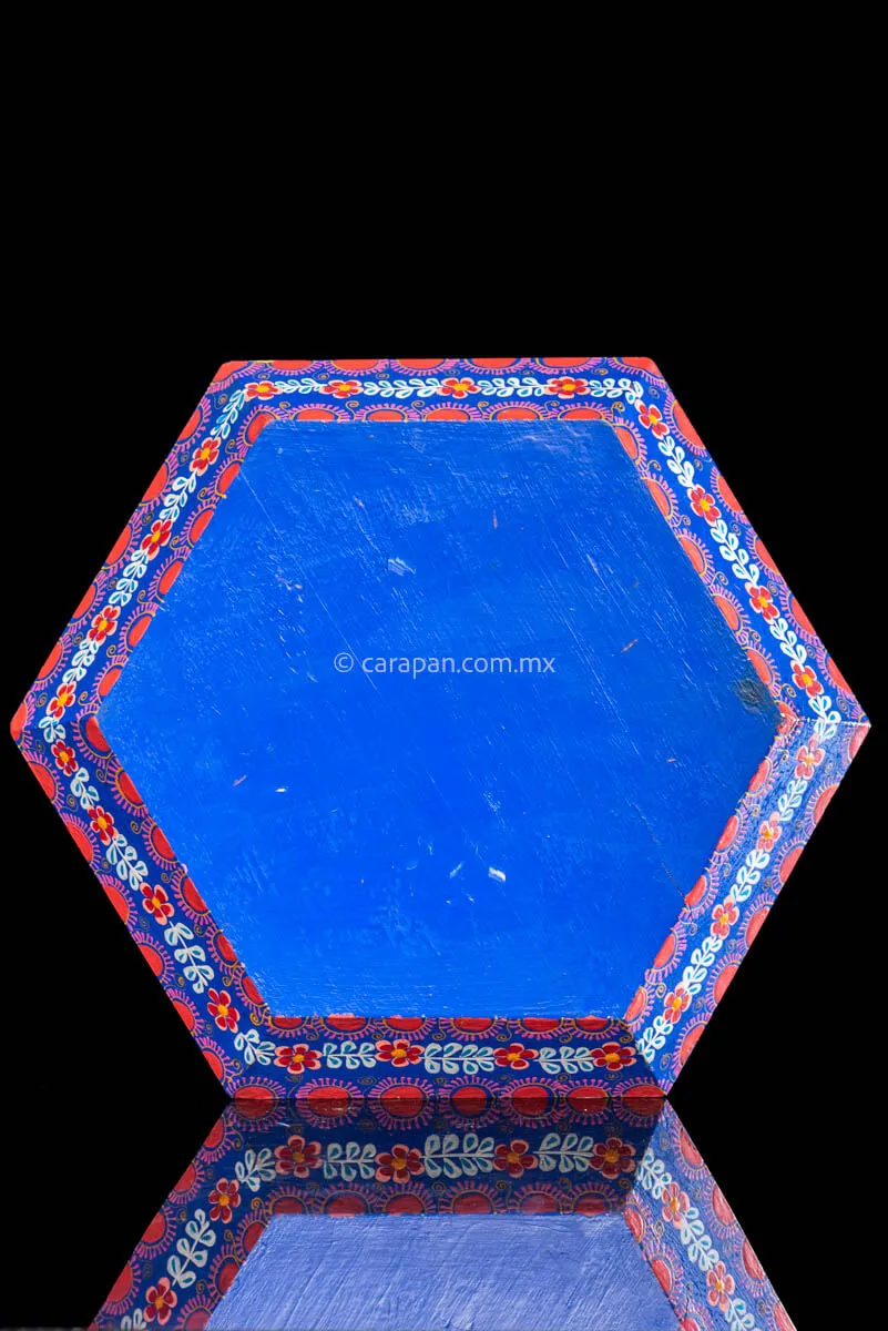 Hexagonal Wooden Tray in Blue Decorated with Flowers