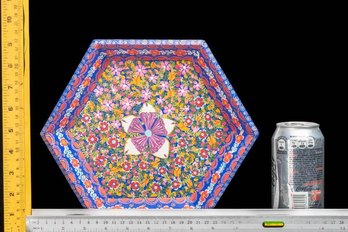 Hexagonal Wooden Tray in Blue Decorated with Flowers