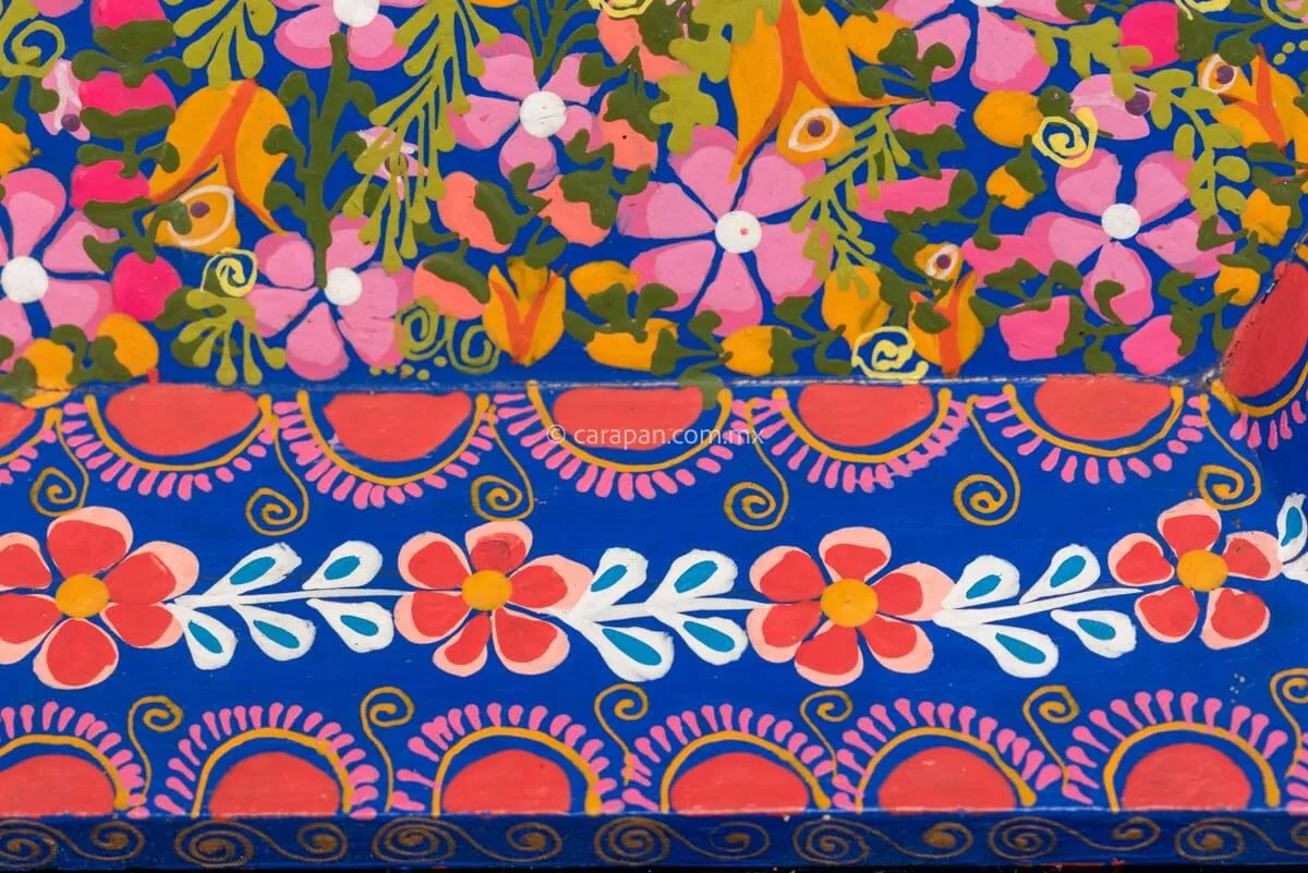 Hexagonal Wooden Tray in Blue Decorated with Flowers