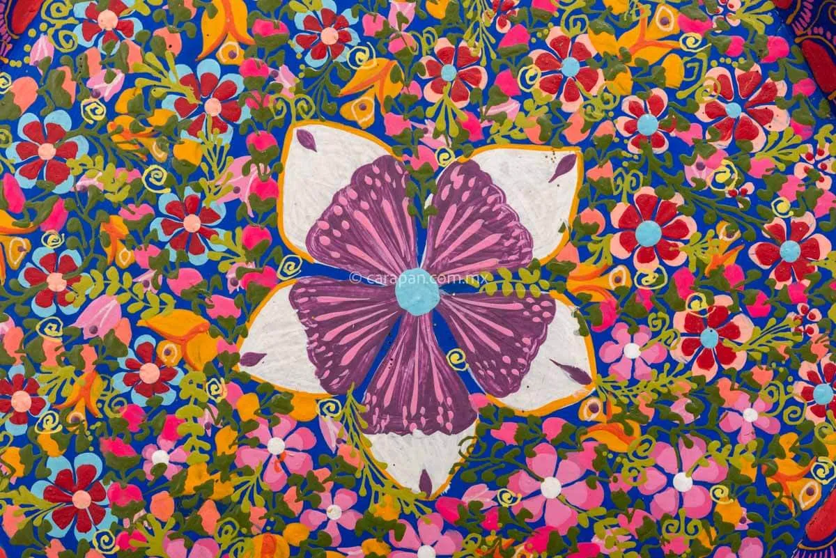 Hexagonal Wooden Tray in Blue Decorated with Flowers
