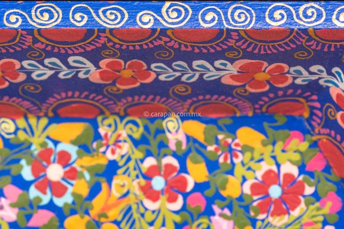 Hexagonal Wooden Tray in Blue Decorated with Flowers