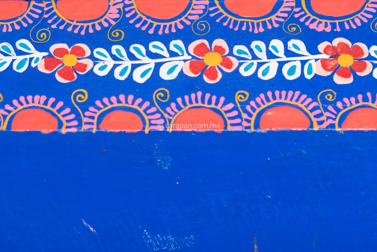 Hexagonal Wooden Tray in Blue Decorated with Flowers