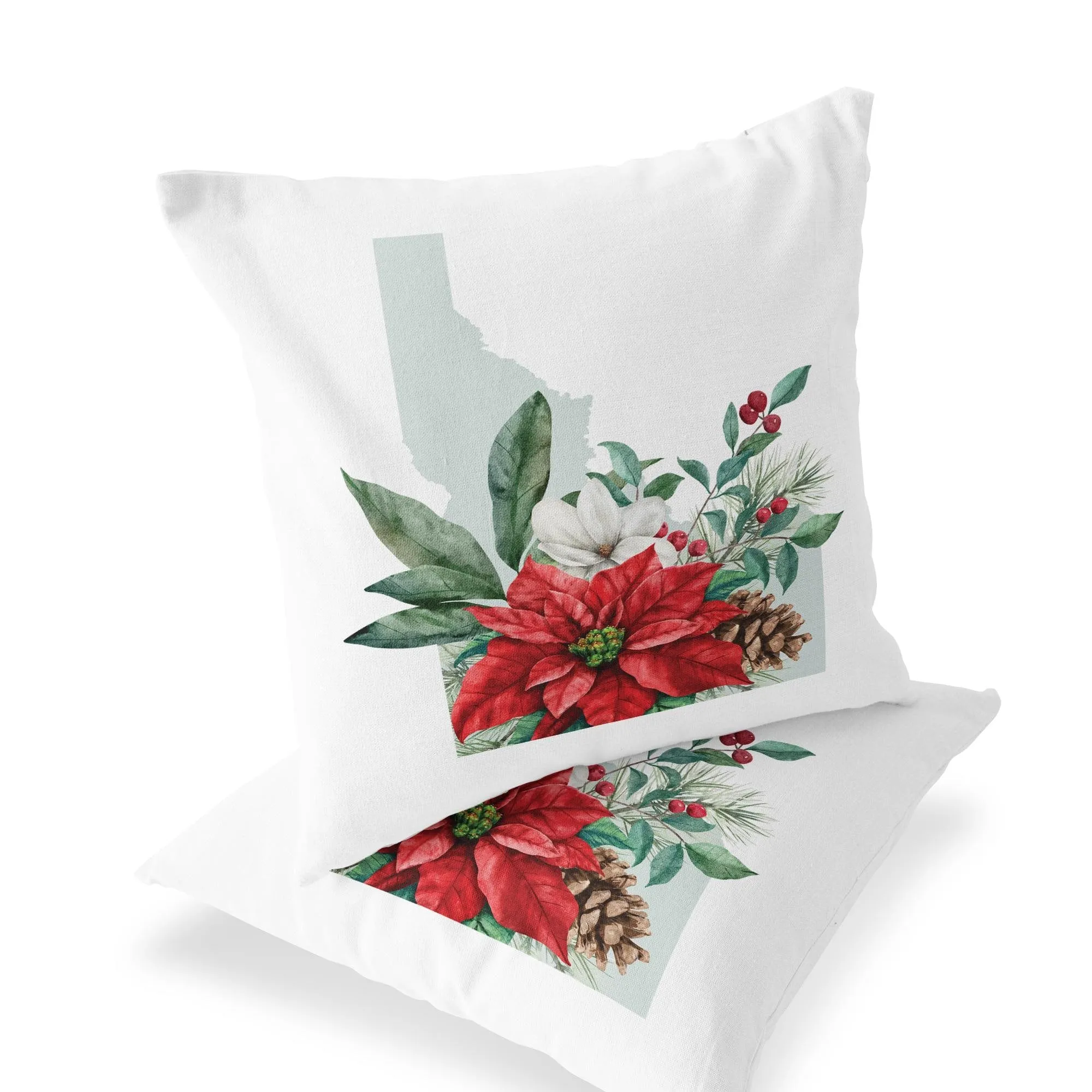 Idaho Christmas Pillow - 18x18 Square Holiday Cushion with Floral Design & Festive Plaid Decor