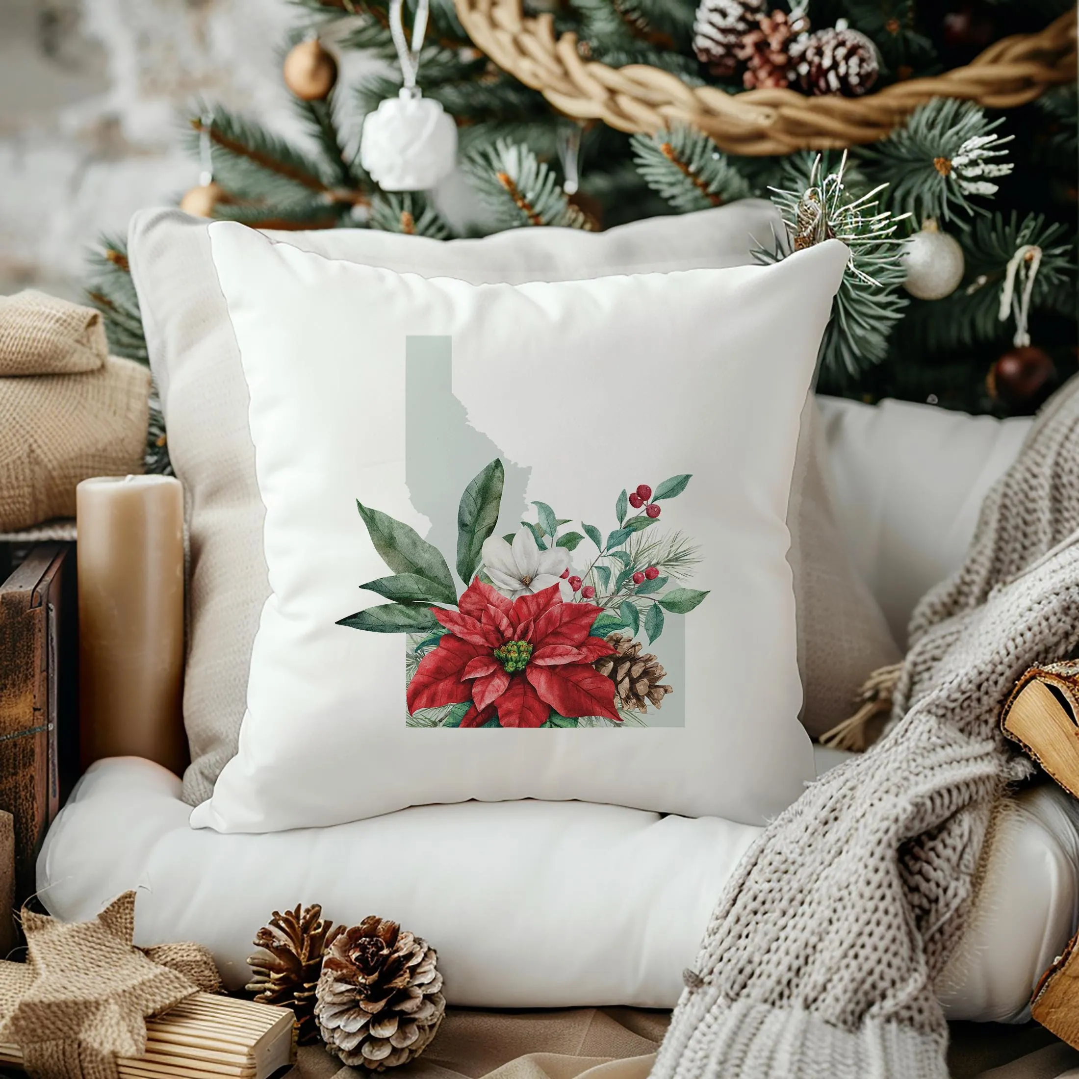 Idaho Christmas Pillow - 18x18 Square Holiday Cushion with Floral Design & Festive Plaid Decor