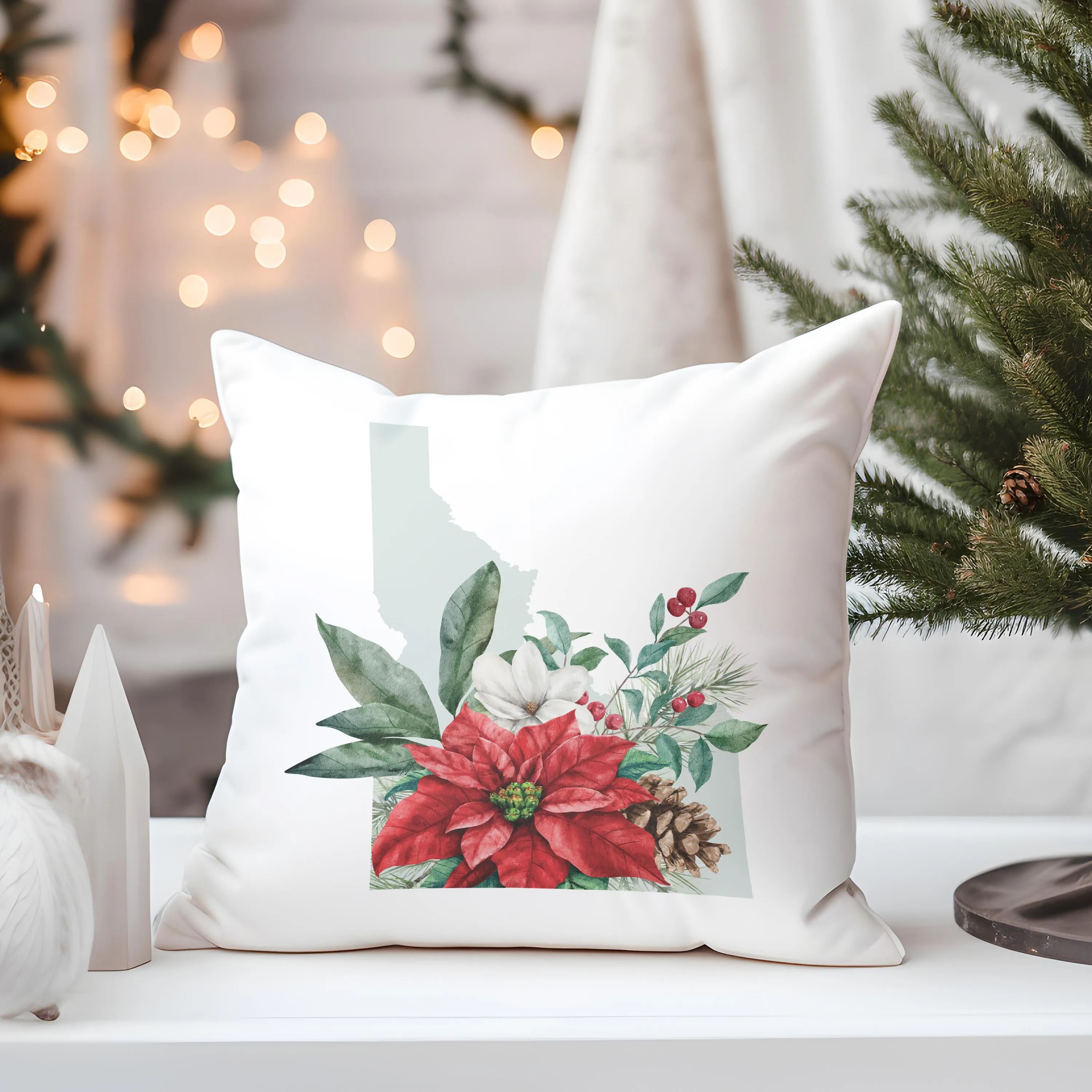 Idaho Christmas Pillow - 18x18 Square Holiday Cushion with Floral Design & Festive Plaid Decor