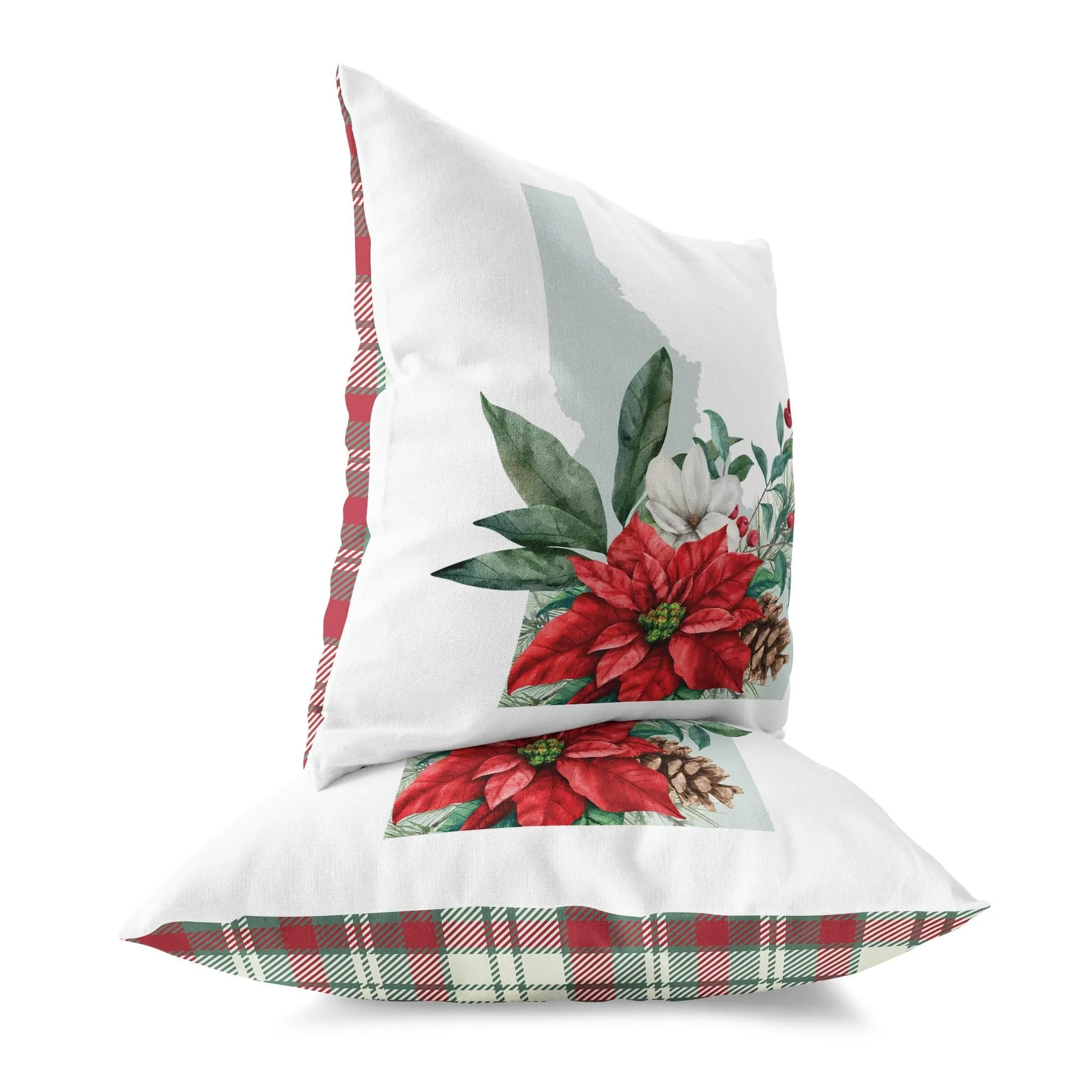 Idaho Christmas Pillow - 18x18 Square Holiday Cushion with Floral Design & Festive Plaid Decor