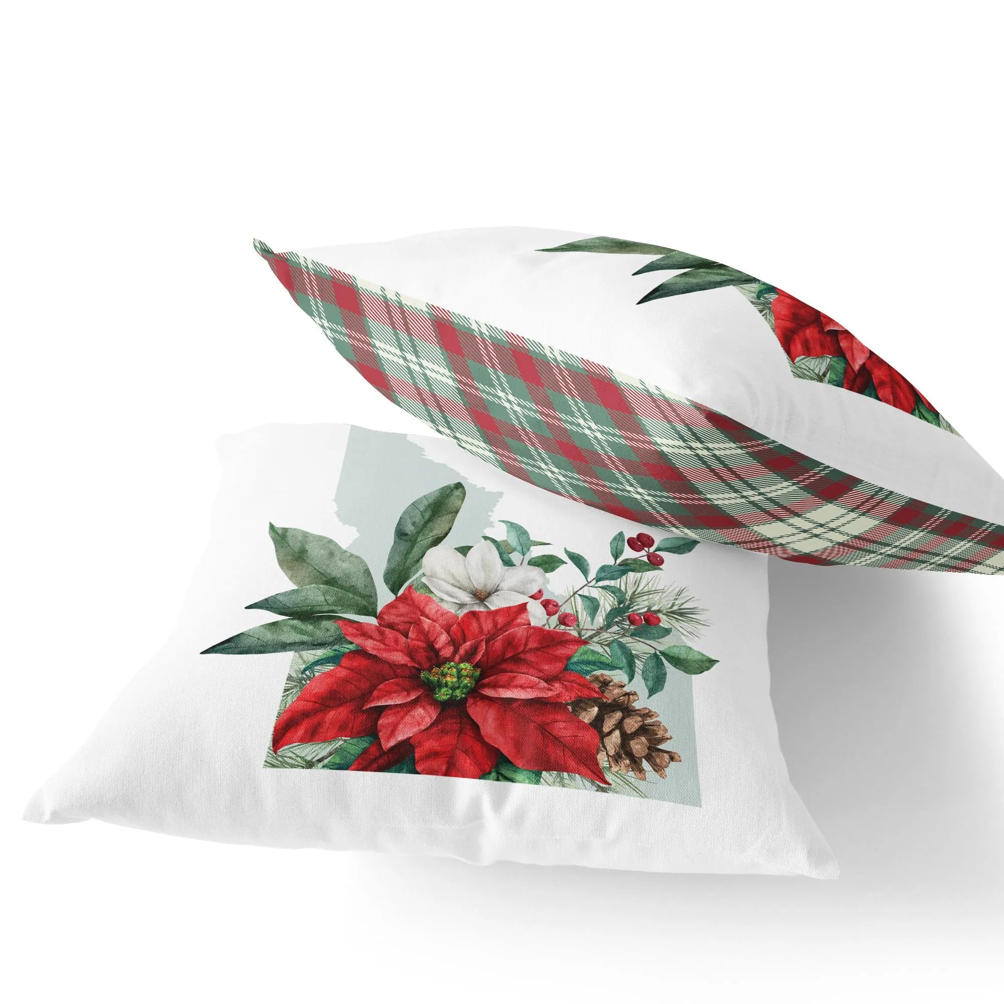 Idaho Christmas Pillow - 18x18 Square Holiday Cushion with Floral Design & Festive Plaid Decor