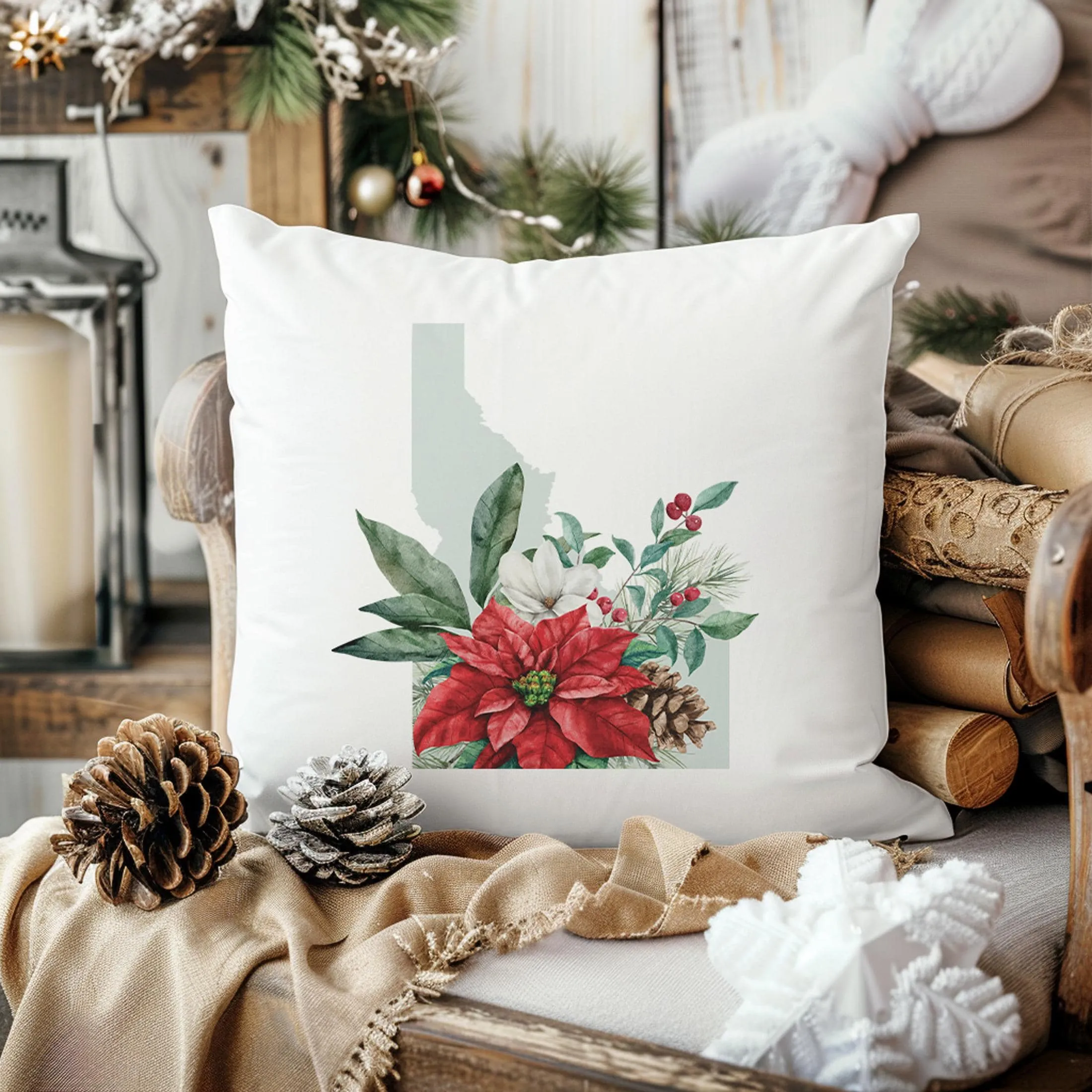 Idaho Christmas Pillow - 18x18 Square Holiday Cushion with Floral Design & Festive Plaid Decor