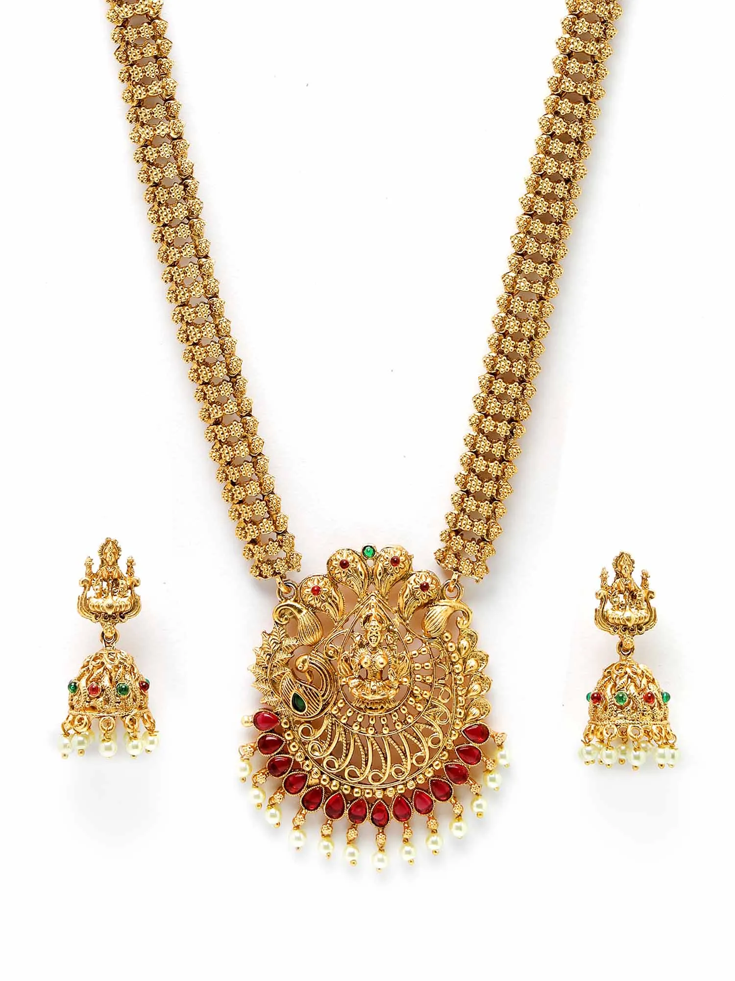 Karatcart Gold Plated Red Stone Laxmi Mata Rani Haar Temple Jewellery Set for Women