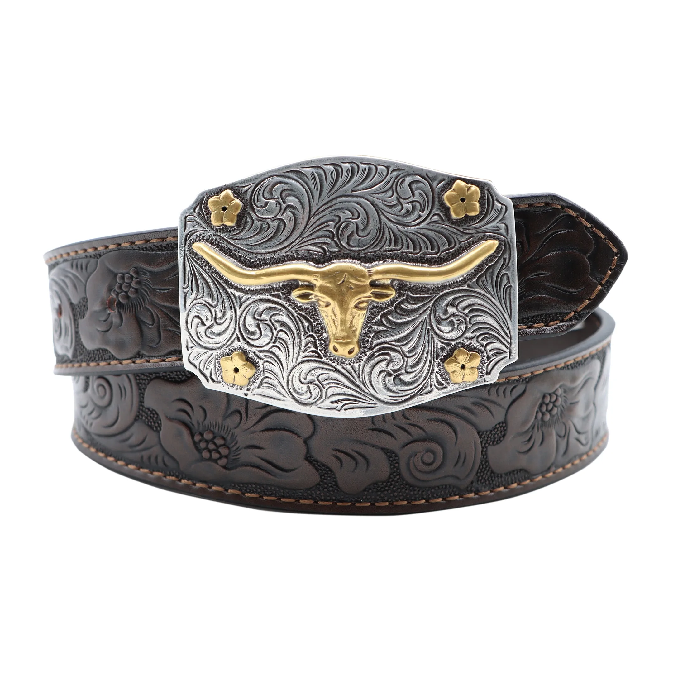 Kids' 1 1/4" Longhorn and Flowers Buckle with Tooled Belt