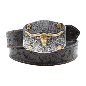 Kids' 1 1/4" Longhorn and Flowers Buckle with Tooled Belt