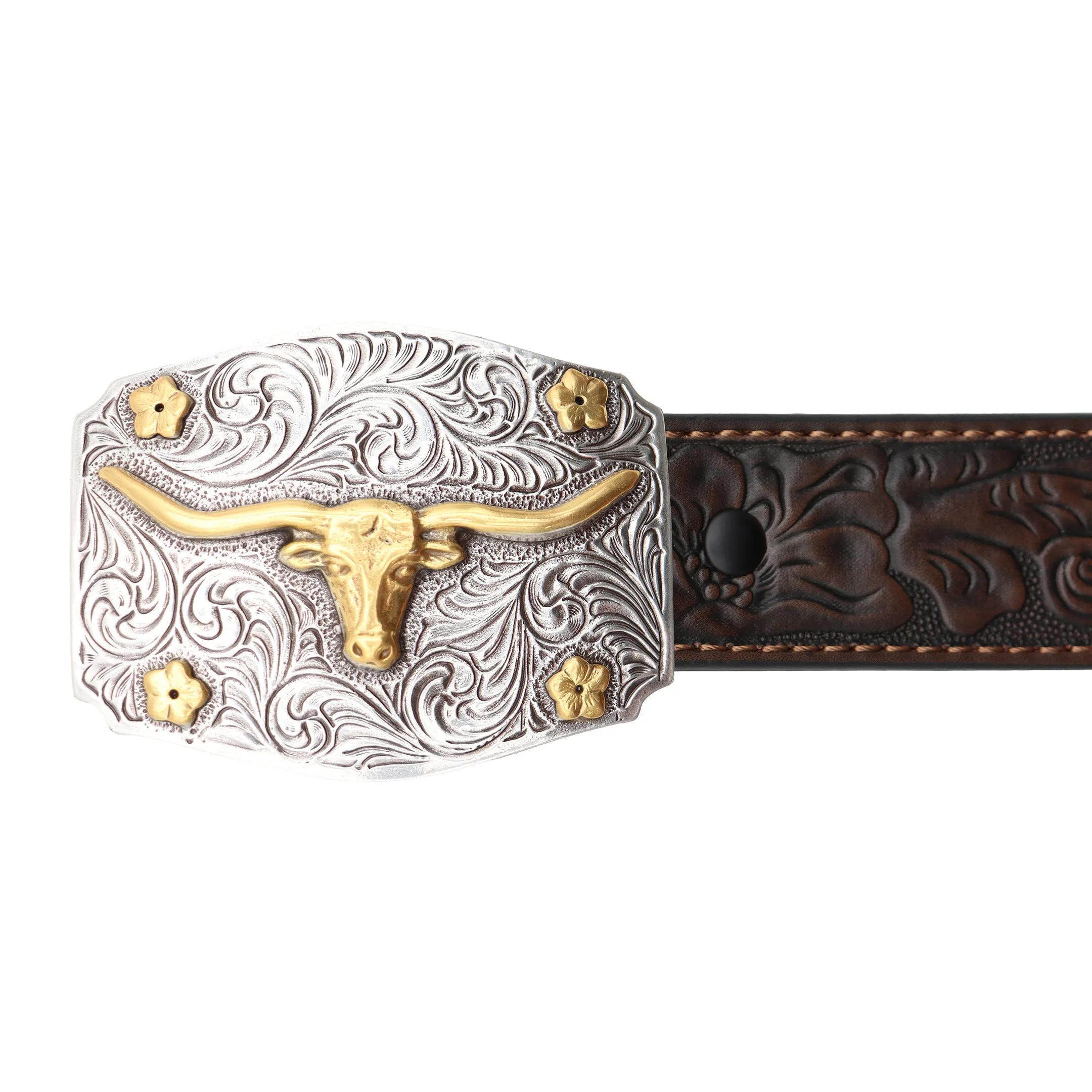 Kids' 1 1/4" Longhorn and Flowers Buckle with Tooled Belt