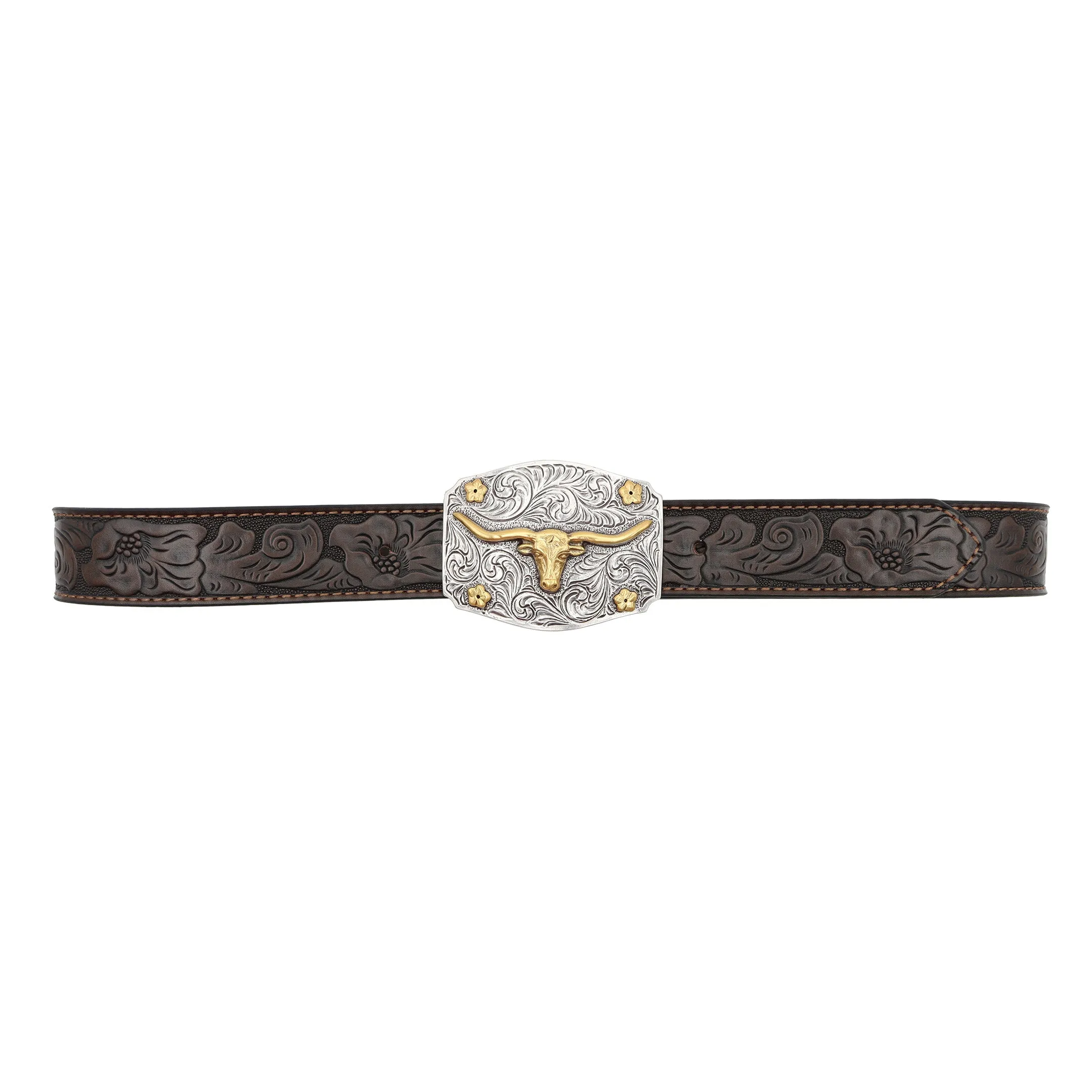 Kids' 1 1/4" Longhorn and Flowers Buckle with Tooled Belt