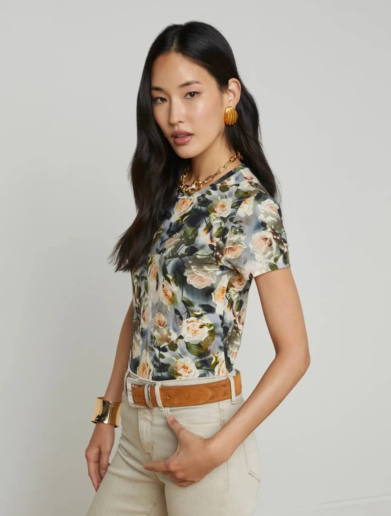 L’AGENCE - Ressi Fitted Tee - Multi Distressed Floral