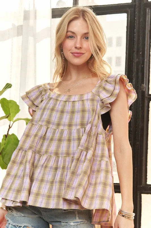 Lavender Ruffled Square Neck Cap Sleeve Babydoll Blouse
