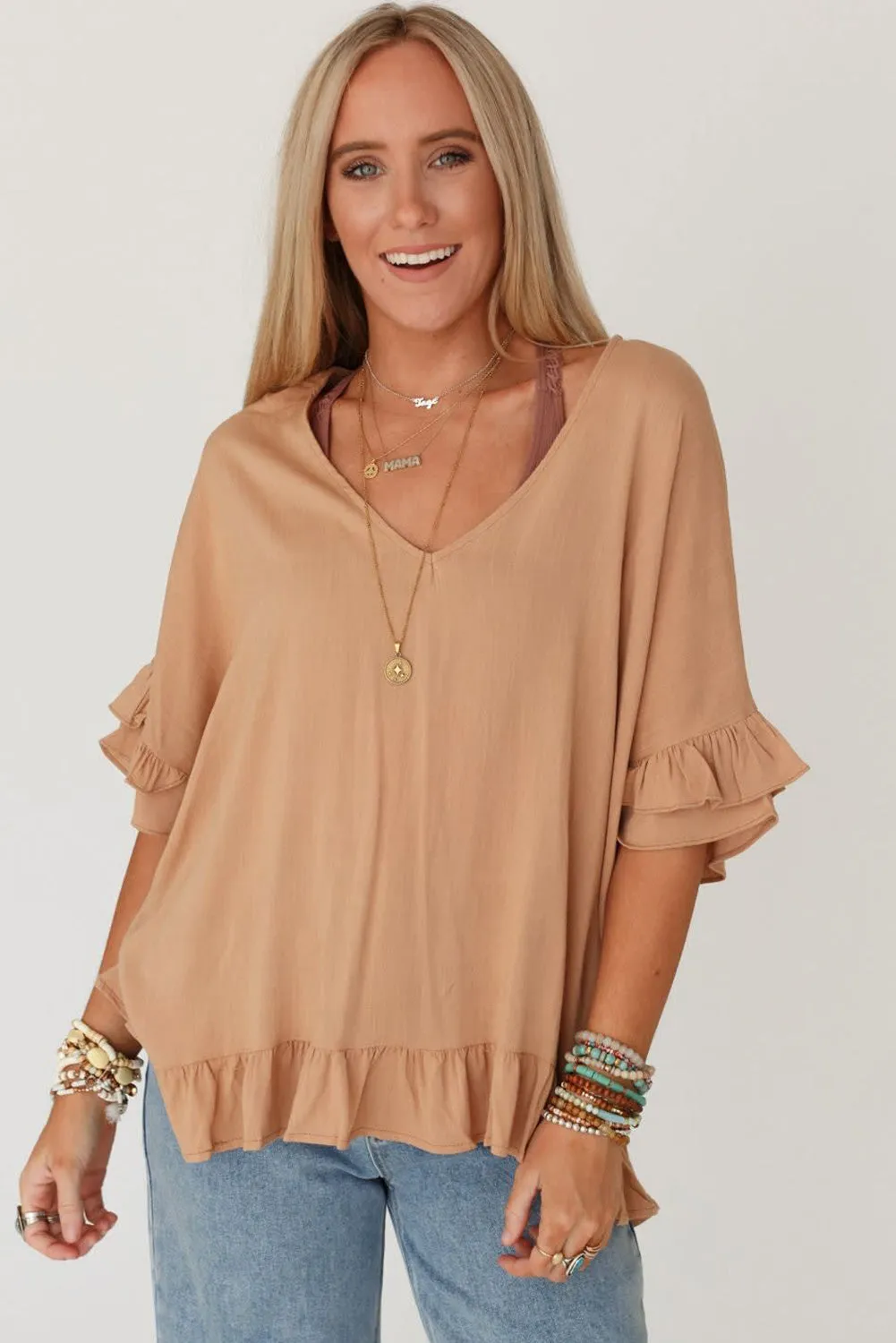 Light French Beige Solid Layered Ruffled Sleeve V Neck Blouse