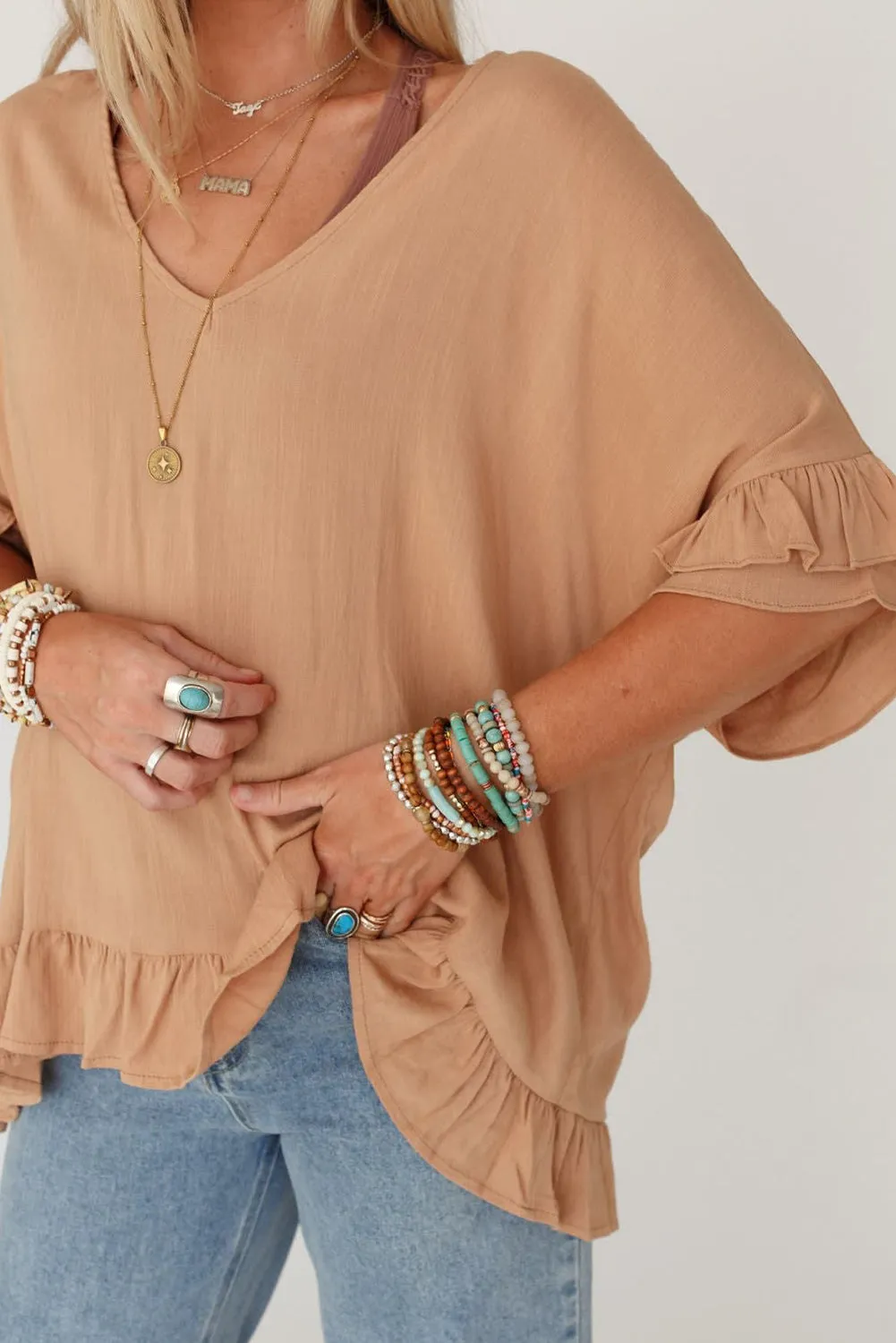 Light French Beige Solid Layered Ruffled Sleeve V Neck Blouse