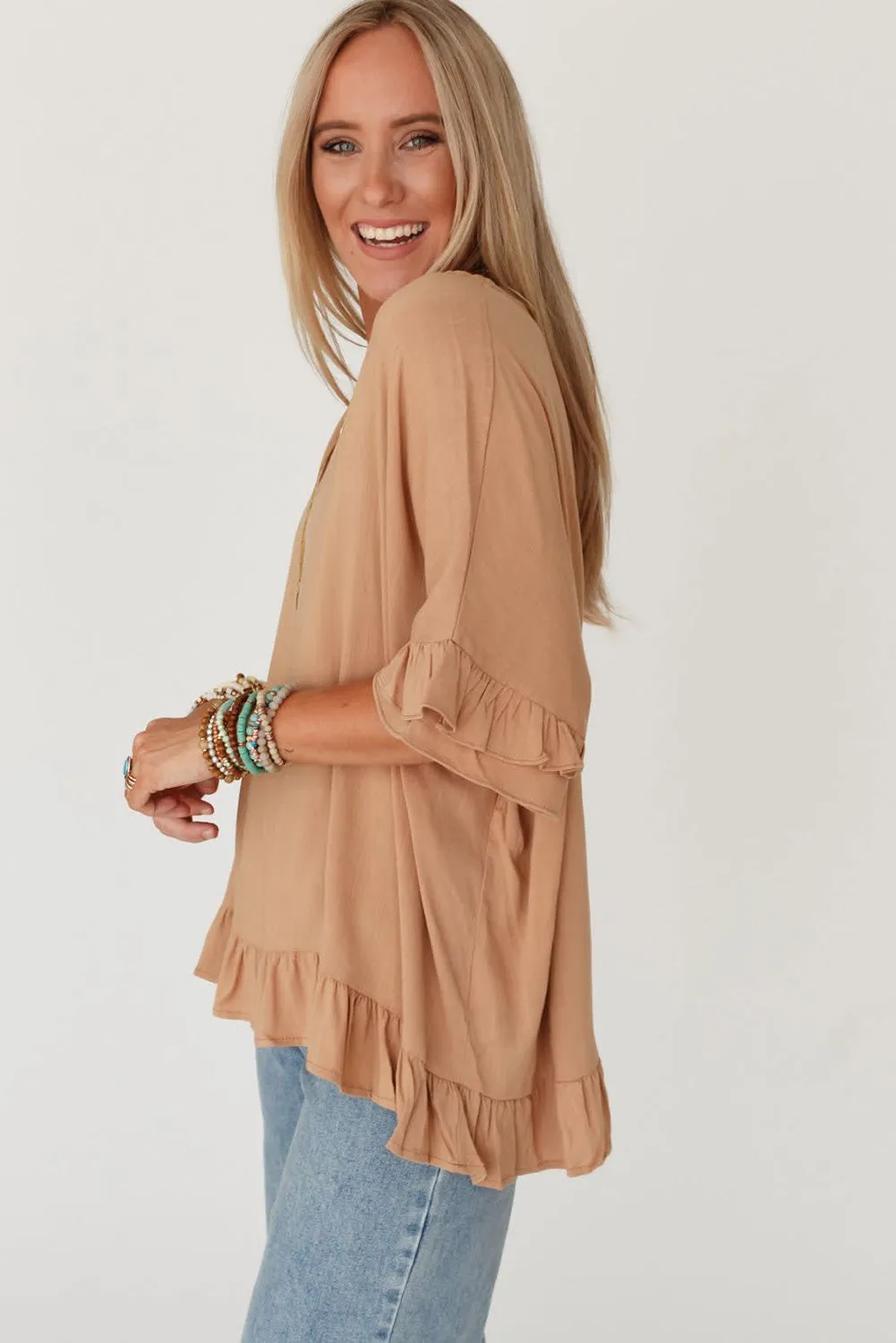 Light French Beige Solid Layered Ruffled Sleeve V Neck Blouse