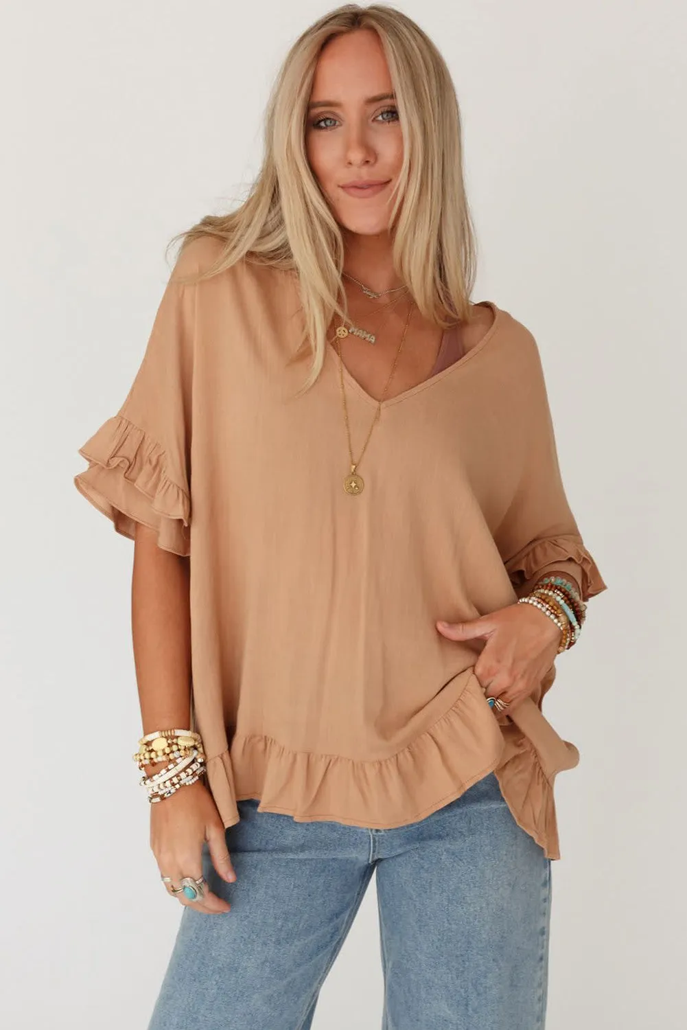 Light French Beige Solid Layered Ruffled Sleeve V Neck Blouse