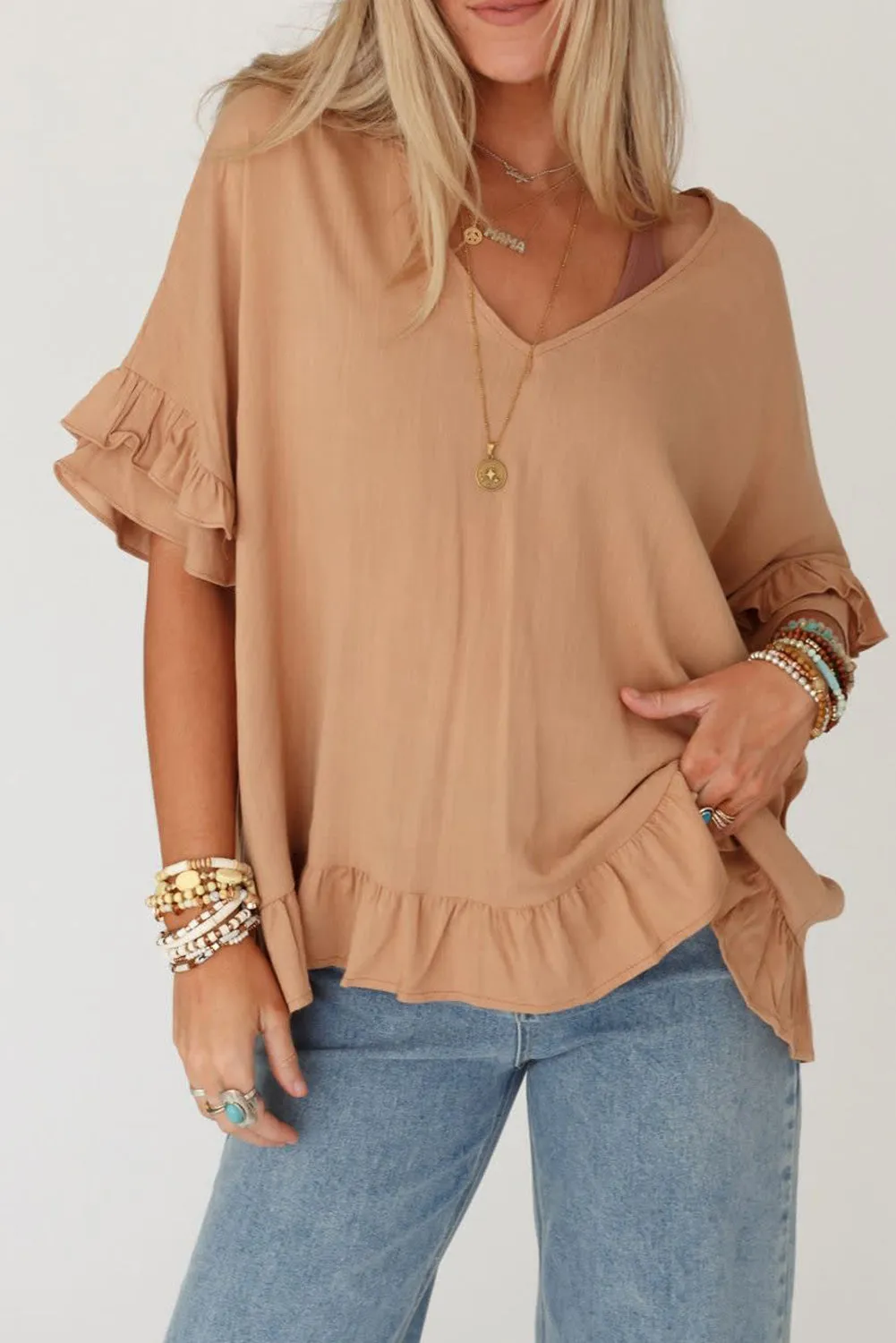Light French Beige Solid Layered Ruffled Sleeve V Neck Blouse