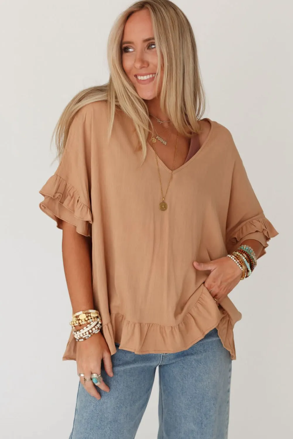 Light French Beige Solid Layered Ruffled Sleeve V Neck Blouse