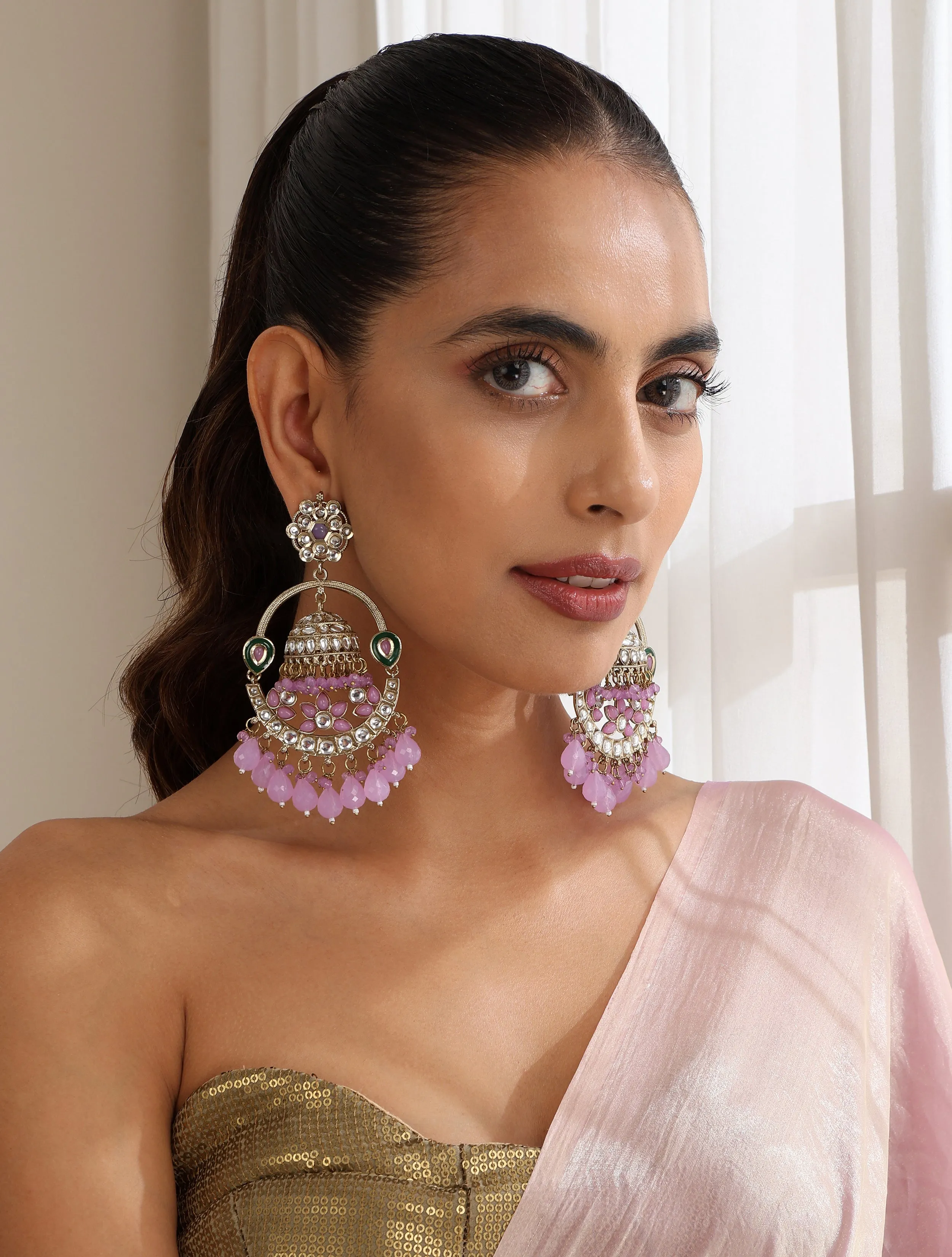 Light Purple Round Color Kundan Jhumka Earrings
