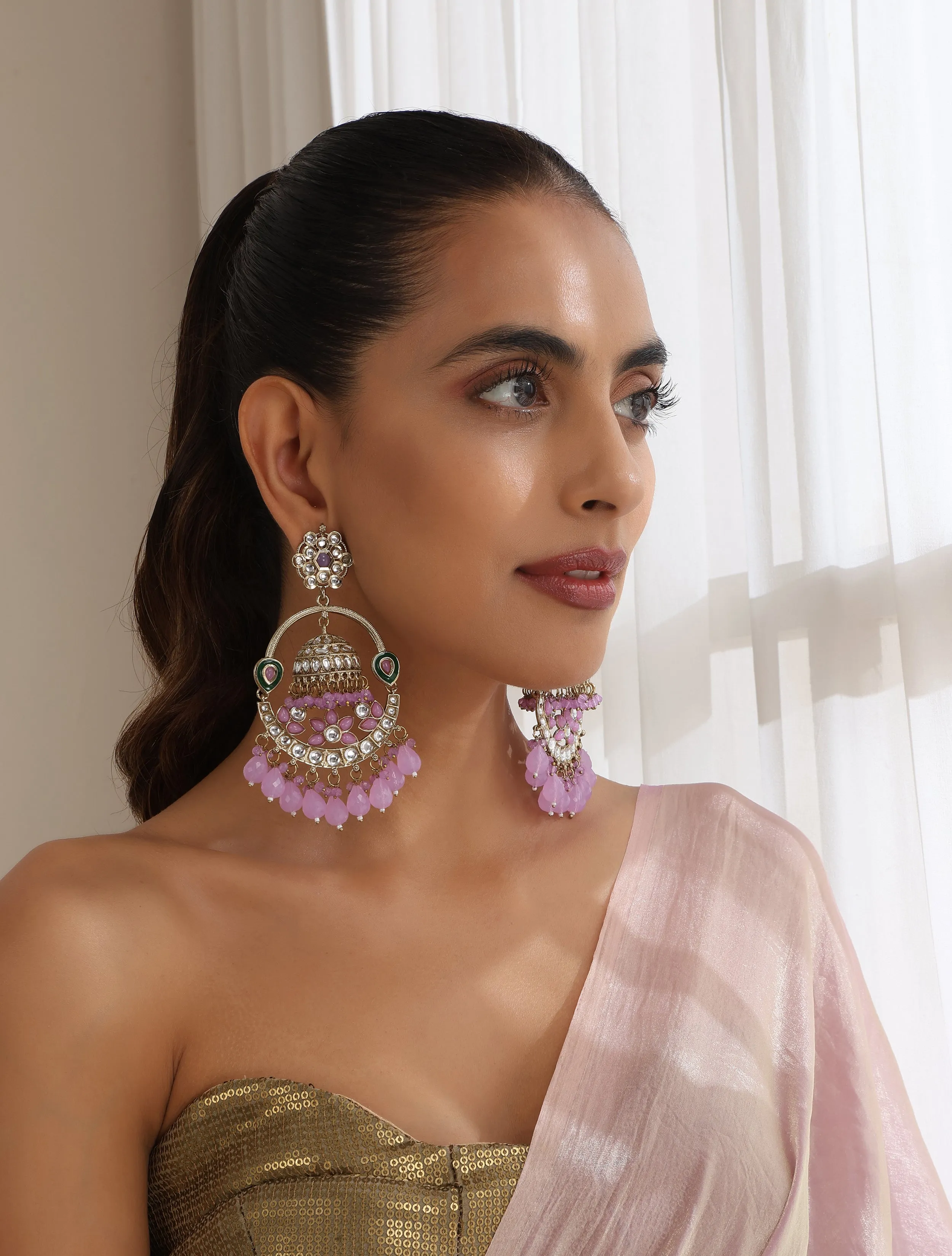 Light Purple Round Color Kundan Jhumka Earrings