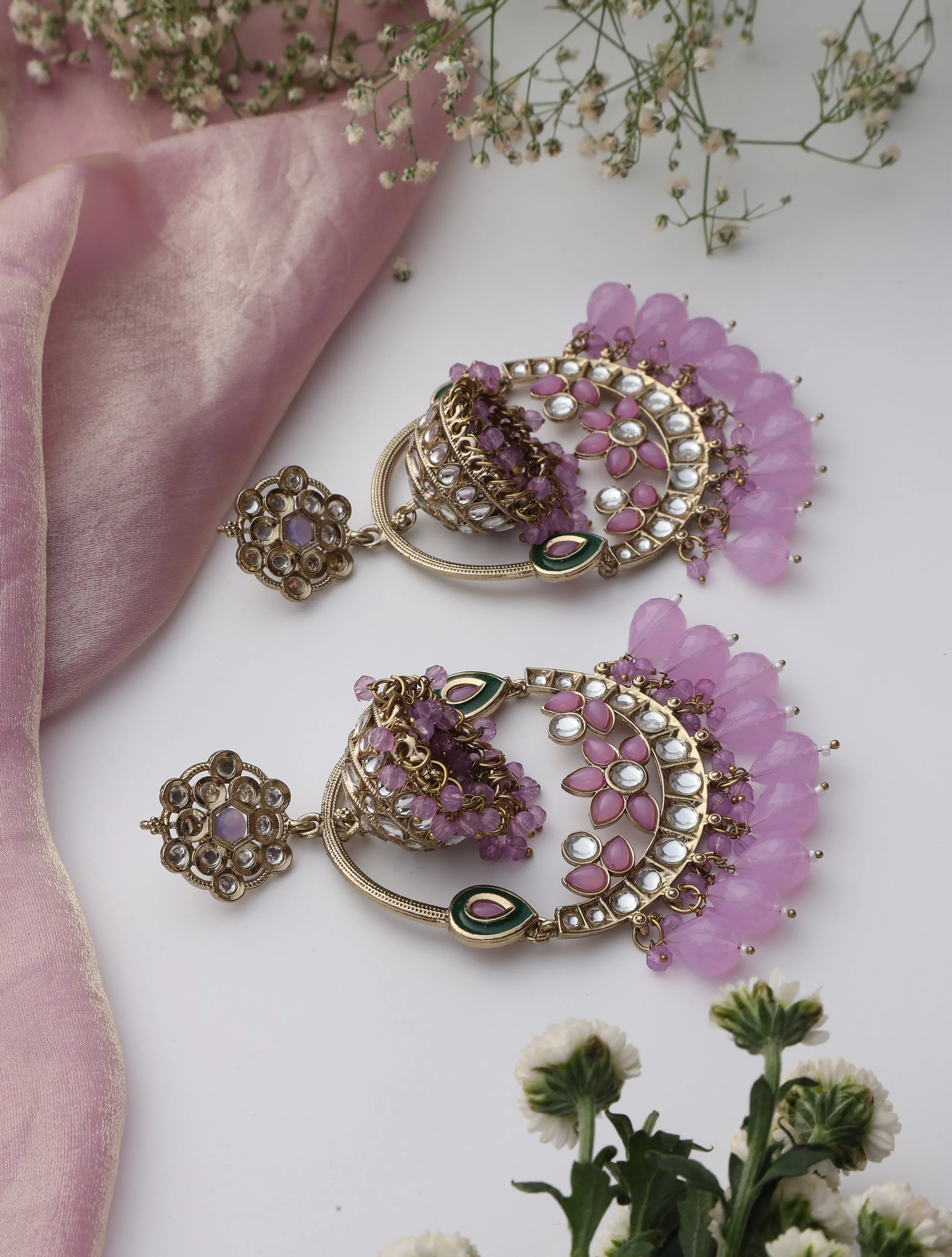 Light Purple Round Color Kundan Jhumka Earrings